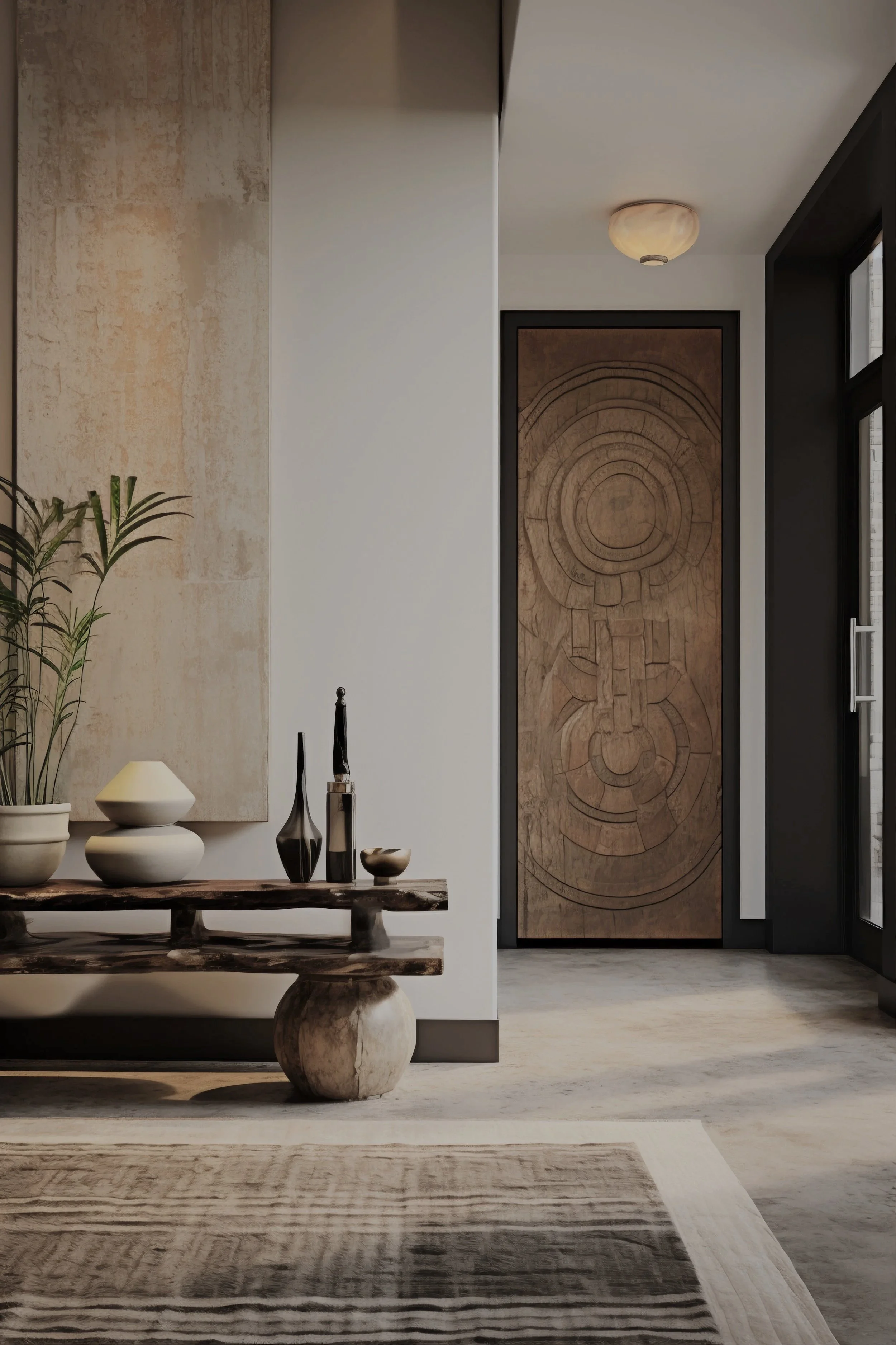 Interior view of a modern entrance hall with a wooden door featuring carved circular patterns, a high window, a textured wall, a rug, and a rustic wooden side table decorated with vases and a plant.