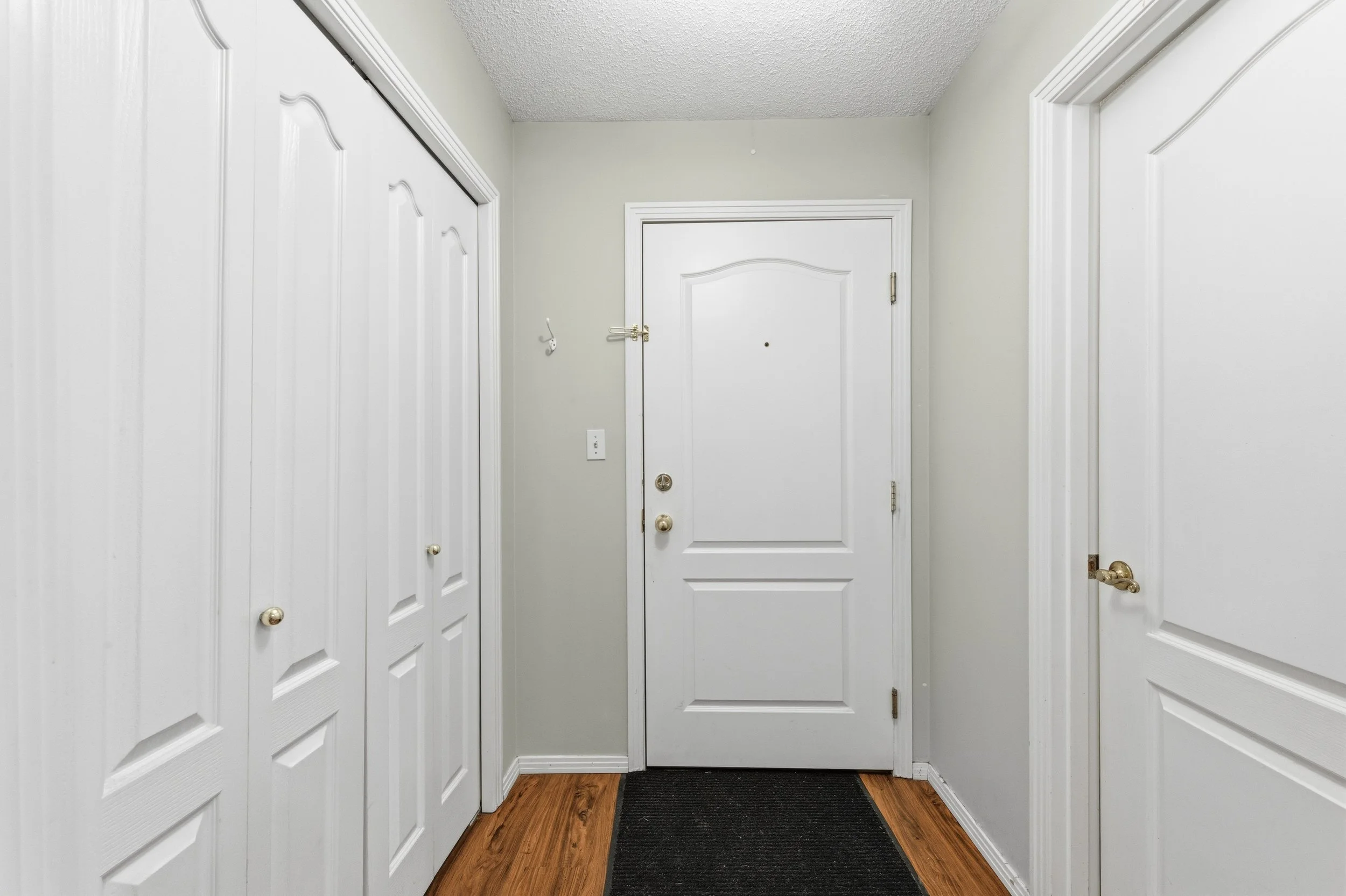 Interior of an entryway with a white door and a black doormat on a wooden floor, flanked by closets and walls painted light green.