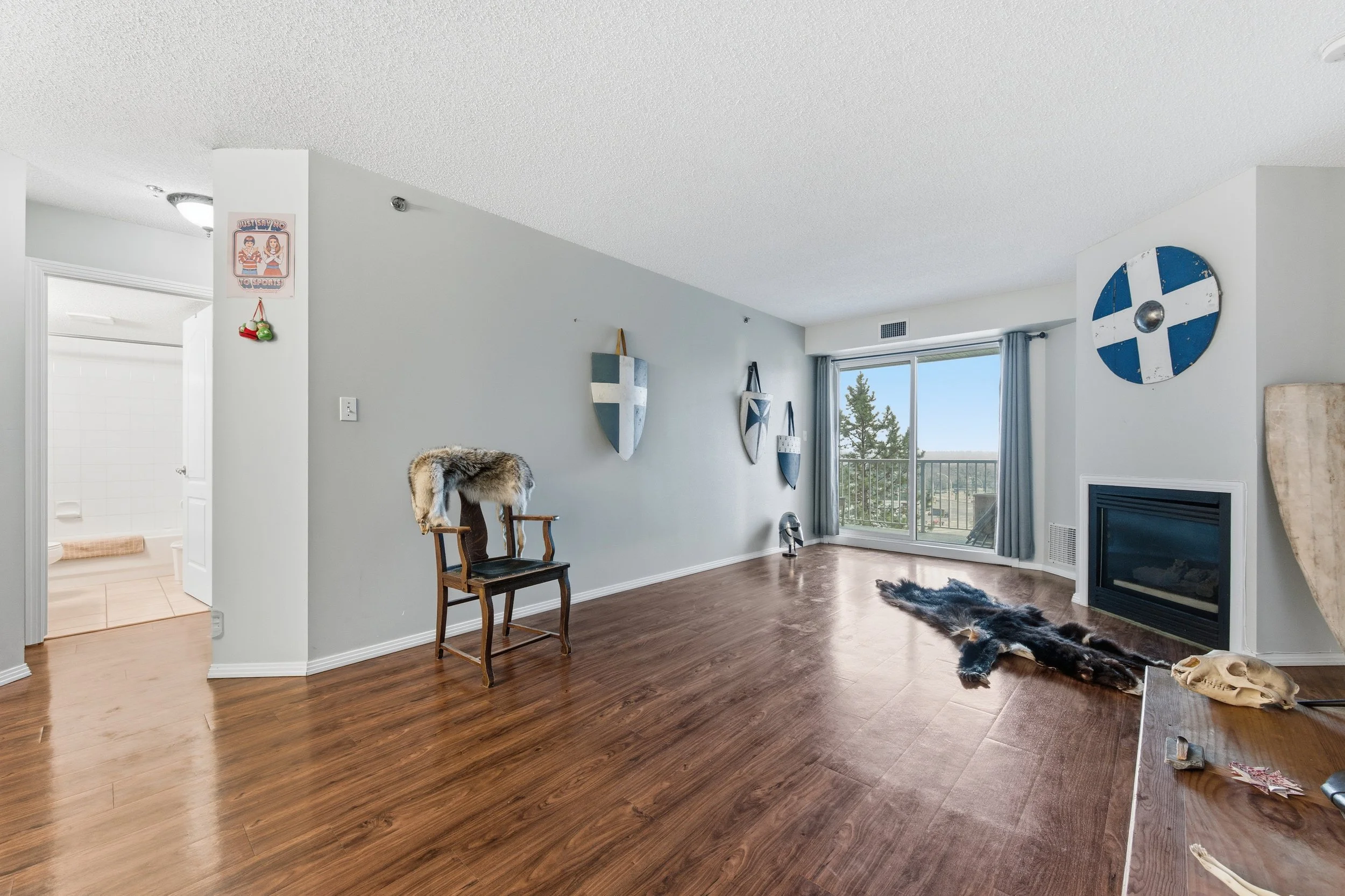 Furnished living room with hardwood flooring, three shield-shaped decorative mounted pieces on the wall, a chair with animal hide draped over it, a black fur rug on the floor, a small animal skull on a piece of furniture, a sliding glass door with cu