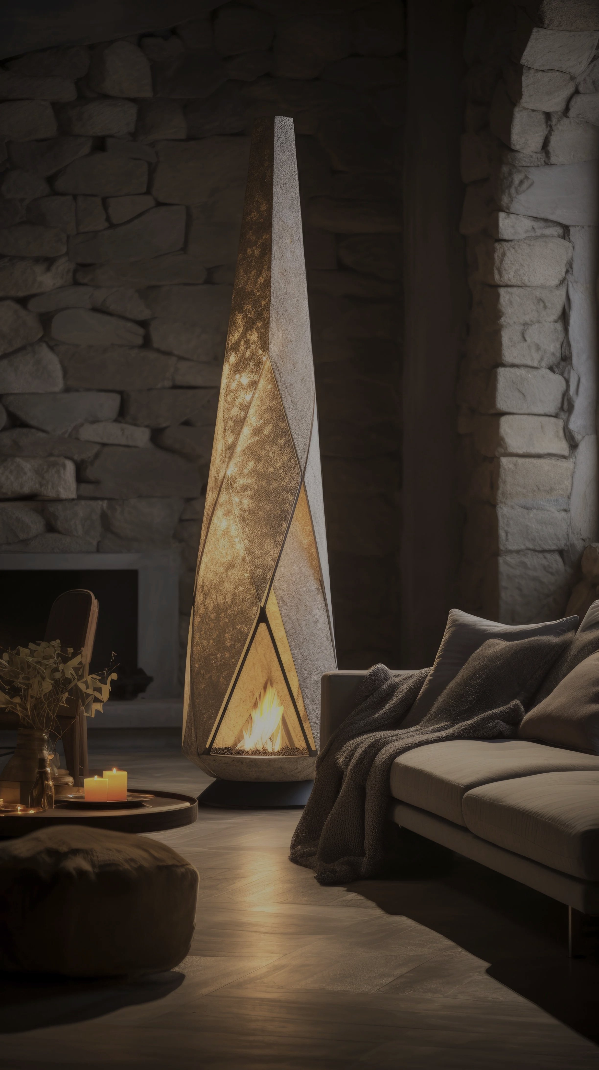 Living room with a modern, cone-shaped fireplace next to a beige sofa with dark gray blankets, stone wall in the background, and candles on a small table.