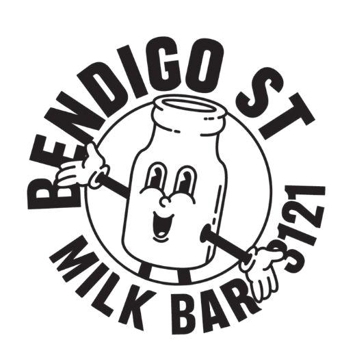 Logo featuring a smiling milk bottle with arms and hands, encircled by the text "Reindigo Milk Bar 121".