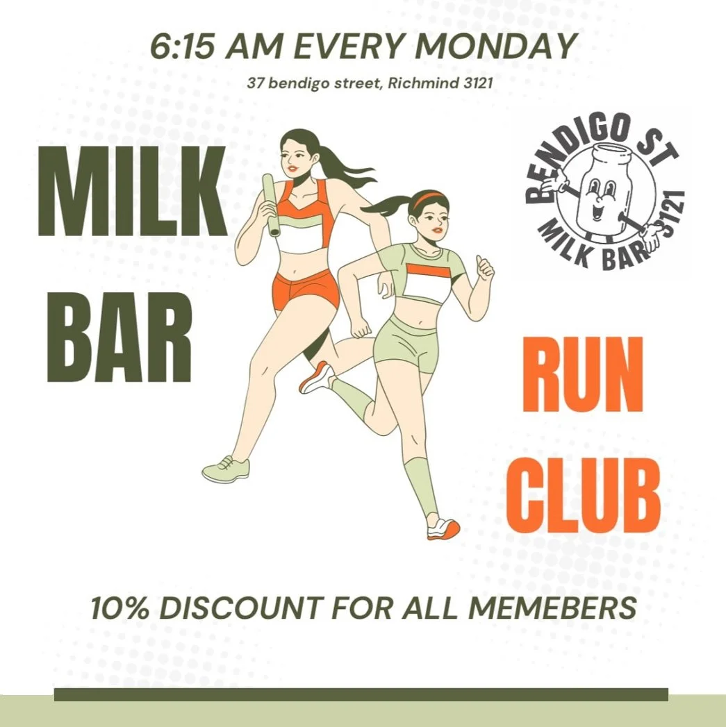 Flyer for Bendigo Street Milk Bar promoting Monday morning milk bar run club at 37 Bendigo Street, Richmond. Features illustrations of two women running, one holding a baseball bat. Includes logo with friendly milk carton and text offering a 10% discount for members.