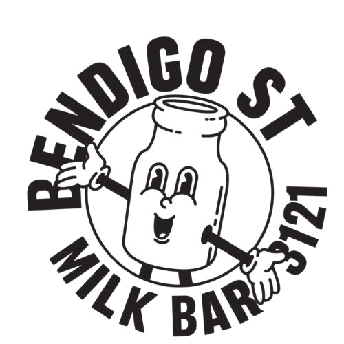 A cartoon milk bottle with a smiling face and open arms, surrounded by the text "Bendigo St Milk Bar" in a circular arrangement.
