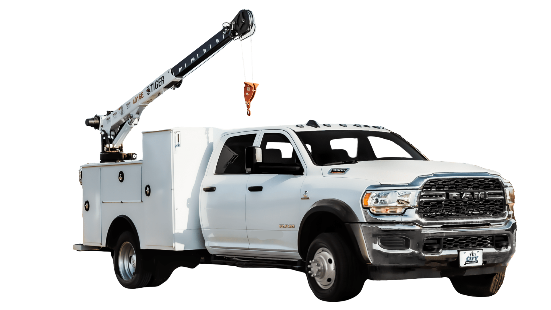 A white utility truck with a crane arm and bucket, parked on a plain background.