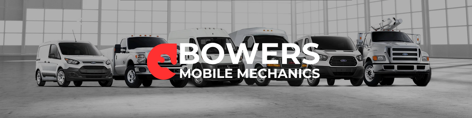 A lineup of six different white commercial and cargo vehicles in a large, modern, well-lit warehouse or hangar, with the logo and text "Bowers Mobile Mechanics" overlayed on the image.
