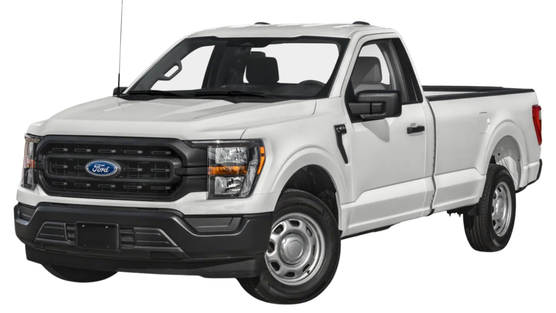 White Ford pickup truck with black grille, black side mirrors, and silver wheels.