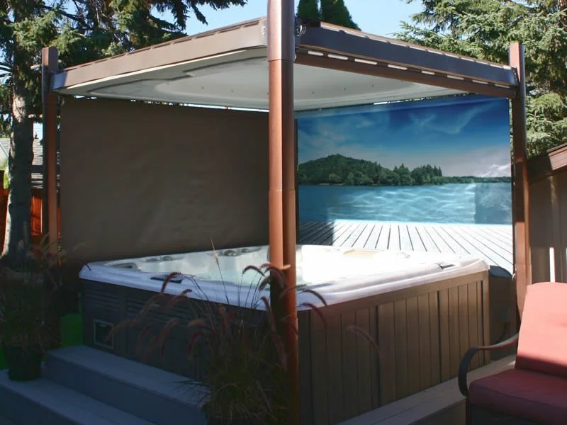 Hot tub with a canopy and a landscape mural of a lake and trees on the exterior wall, located outdoors.