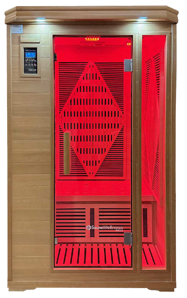 Red infrared sauna with wooden exterior and a glass door, with control panel on the side, used for health and wellness treatments.