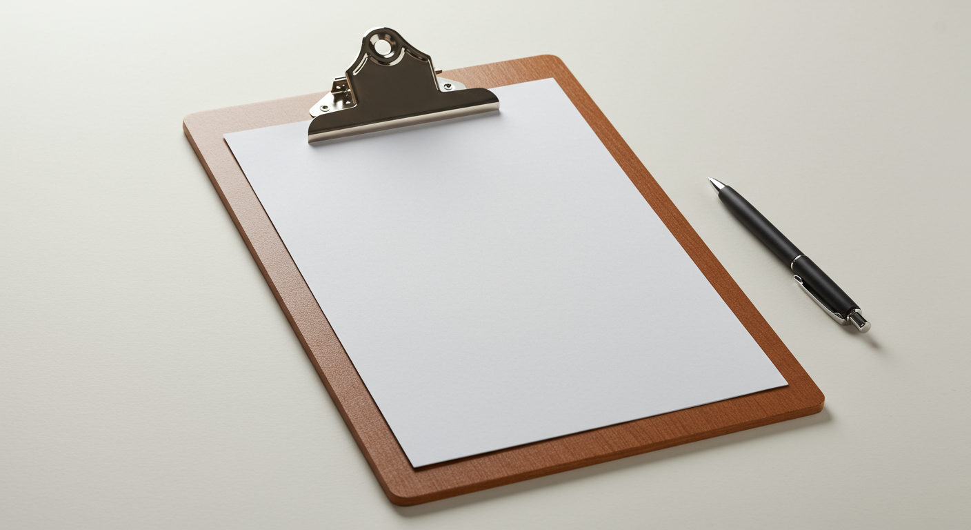 A blank white sheet of paper on a brown clipboard with a black pen beside it on a light colored surface.