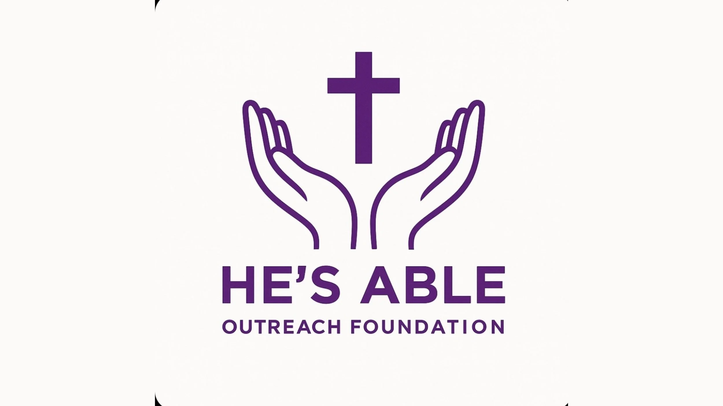 Logo of He's Able Outreach Foundation with a purple line art illustration of two hands holding a cross, and the foundation's name underneath.
