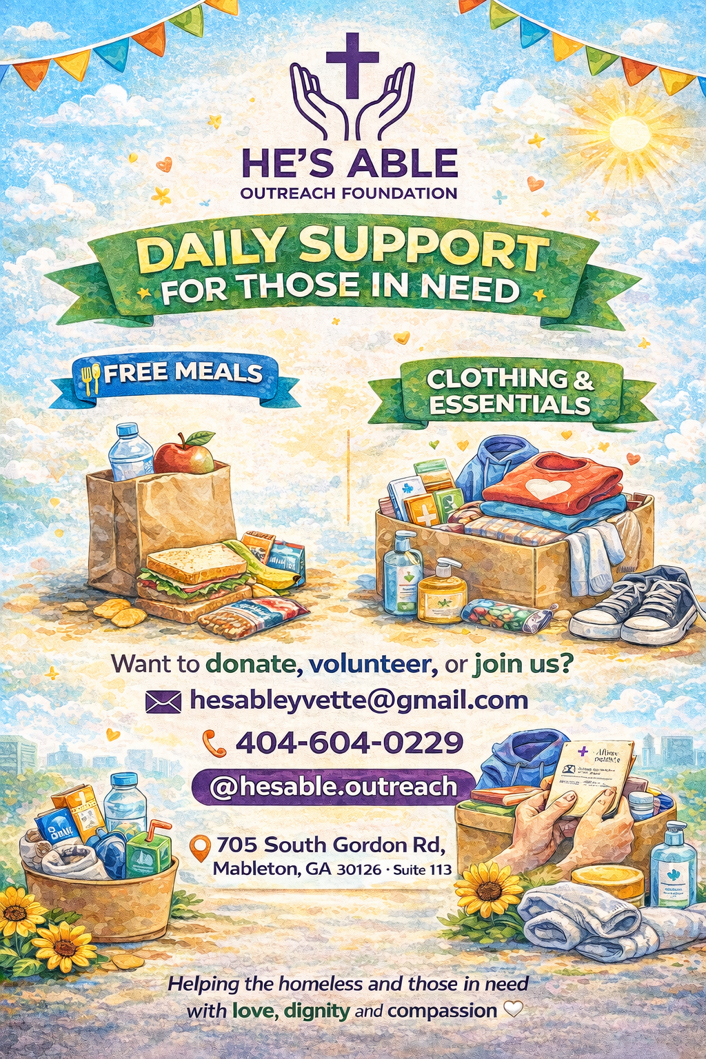 Flyer for He's Able Outreach Foundation, offering daily support for those in need including free meals and clothing and essentials, with contact information and location details.