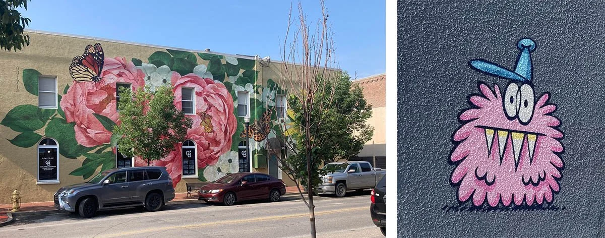 A flower mural and little monster found on the side of buildings in Bentonville.