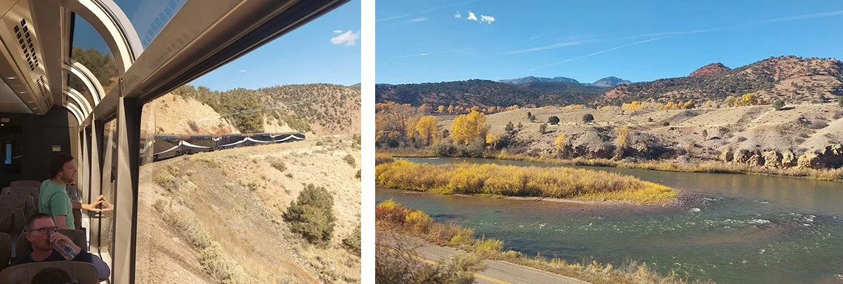 A man peers out the window of the Rocky Mountaineer at the gorgeous Colorado views.