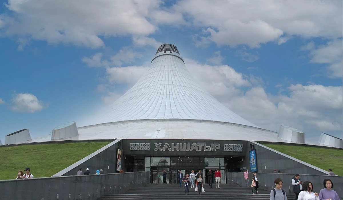 The Khan Shatyr Entertainment Center stands tall with it's tent-like structure.