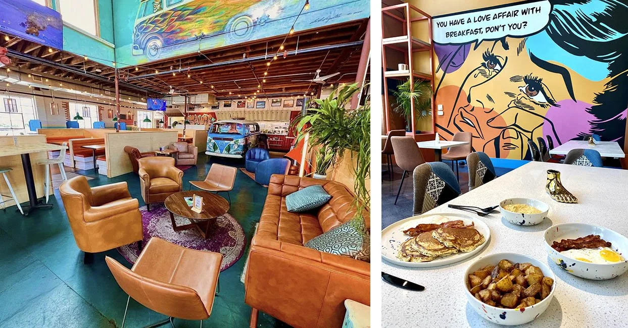 The bright interior of Southbound, with pancakes, bacon, blue floors and brown chairs.