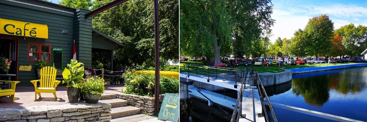 Merrickville’s Yellow Canoe Cafe and a view from across the Rideau Canal locks in Merrickville.