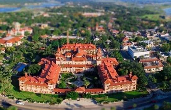An aeriel view of the red roofs of Flagler College.