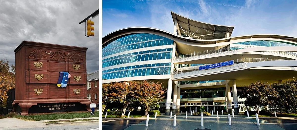 The High Point Market towers over the street with a blue sky overhead.
