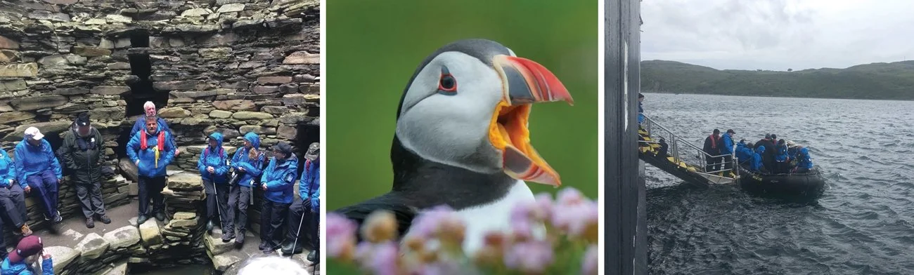 A crew of Adventure Canada tourists watch for puffins on Fair Isle.