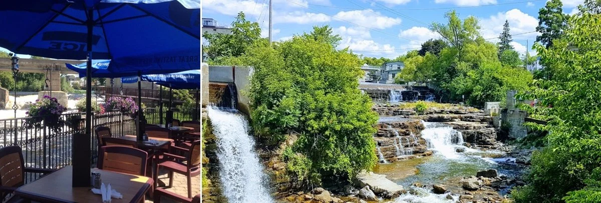 The patio of The Barley Moe in Almonte and a view of the Almonte Falls.