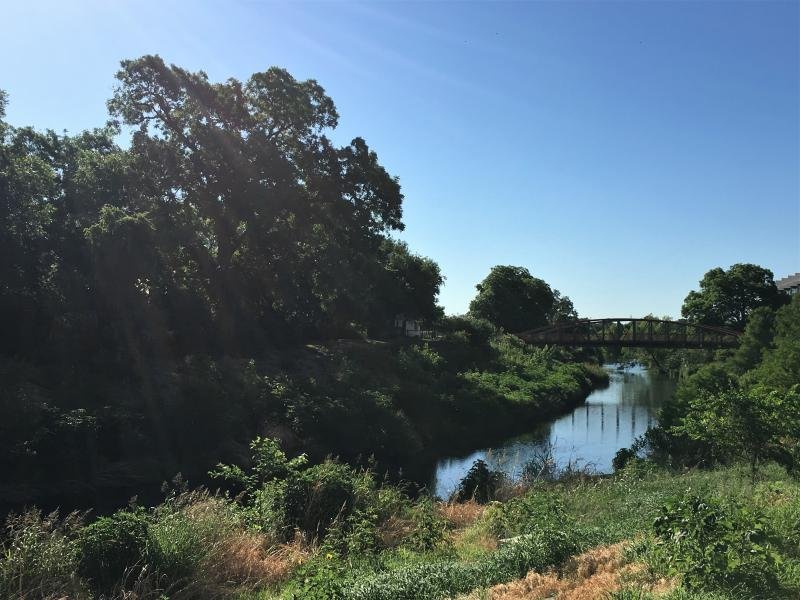 A small river passes alongside green trees and bushes on the San Antonio Riverwalk.