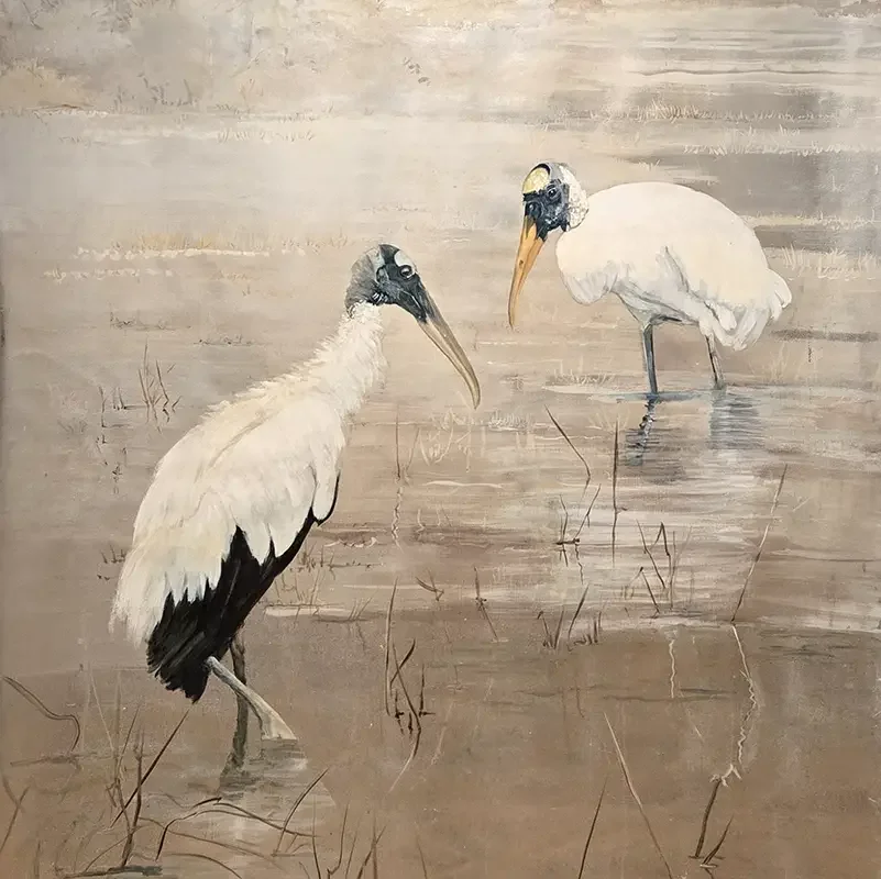 Naples_Florida_5_Aris Naples_Deryn Cowdy_Wood Storks_Triptych_oil on sivler leaf paper_closeup_Baker Museum_Nov 2025.webp