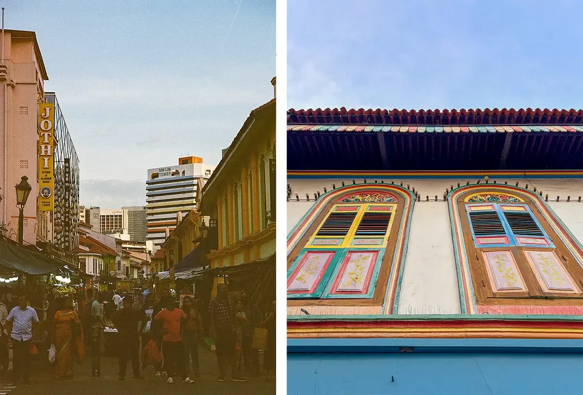 The bright coloured buildings of Little India in Singapore.