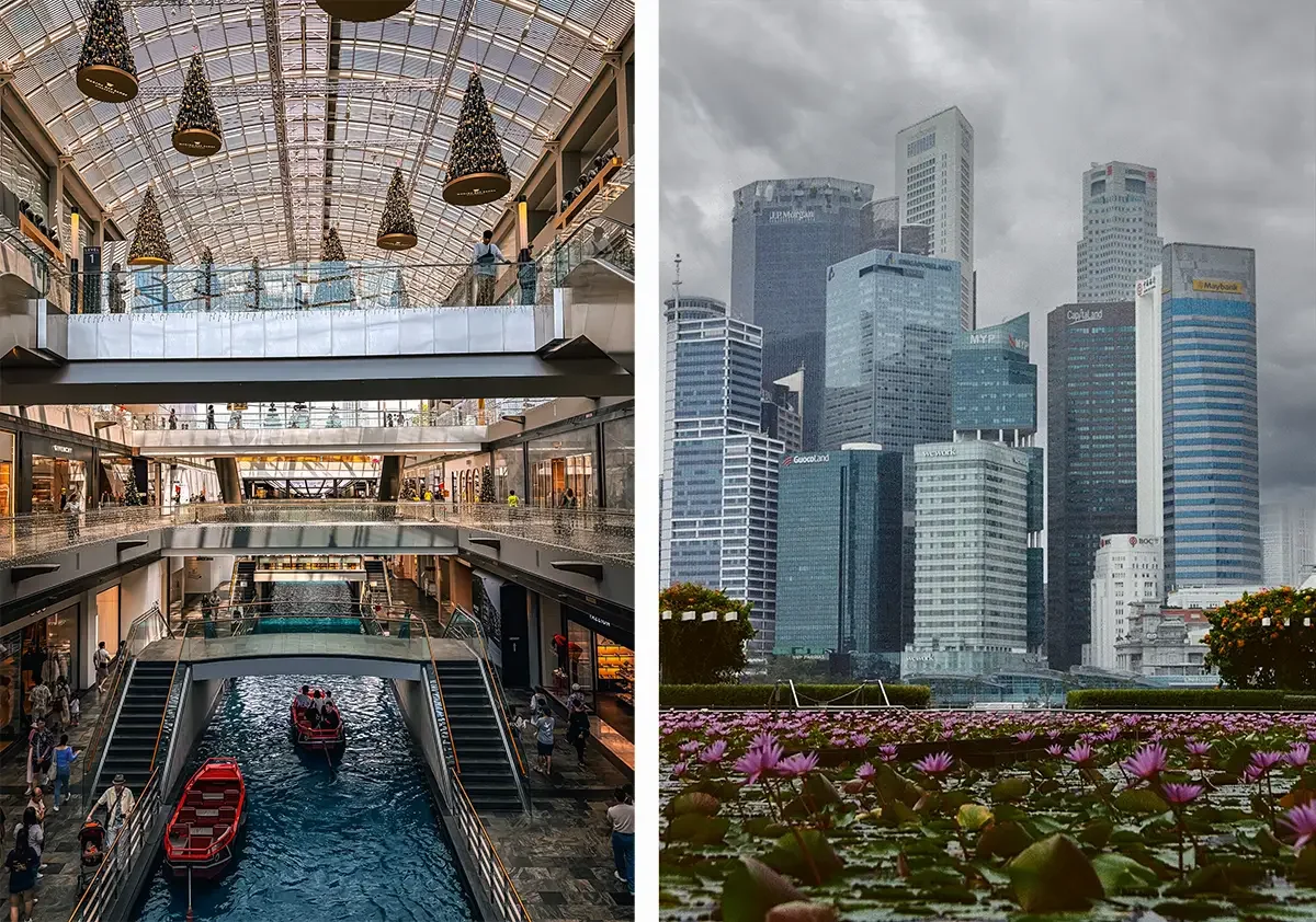 Visitors take a boat through a canal at Raffles mall.