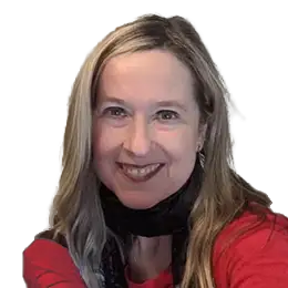 A woman with long blond hair smiling, wearing a red top and black scarf against a plain background.
