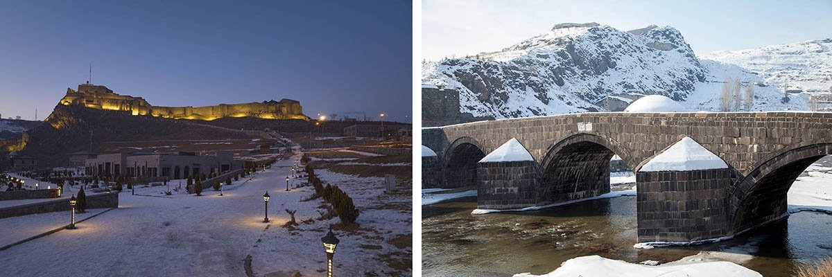 A historical stone bridge and castle in Kars, Turkiye.