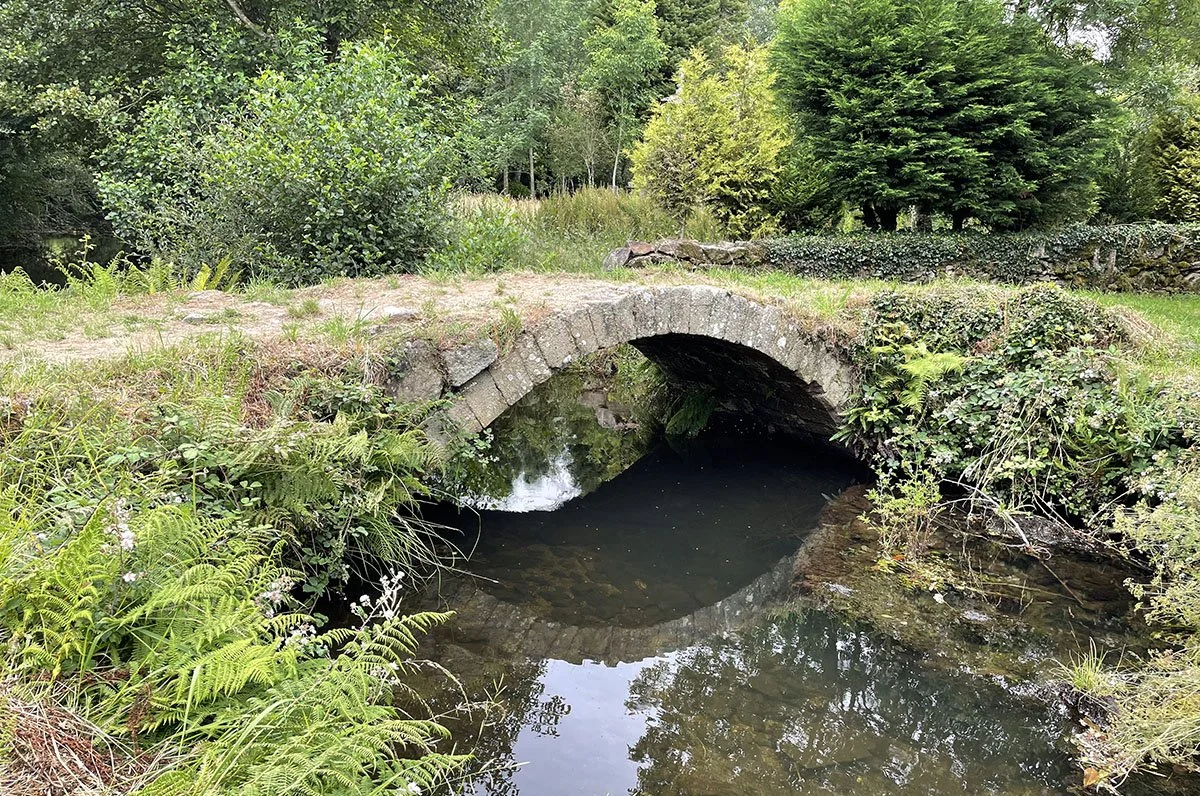 An ancient stone roman bridge reflects in murky water below.