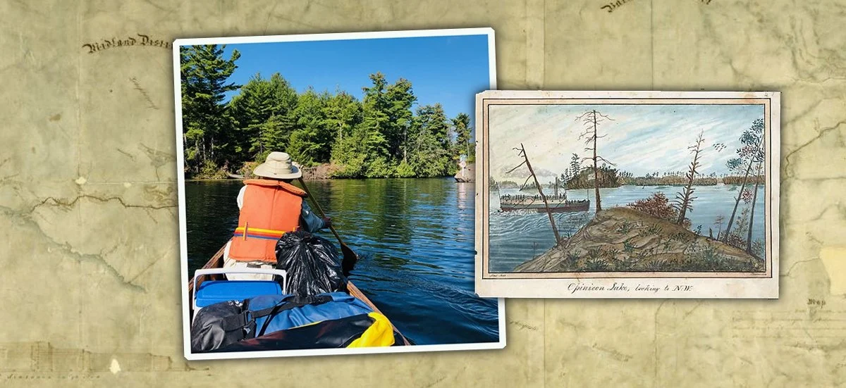 A collage of a group of friends paddling towards Opinicon Lake.