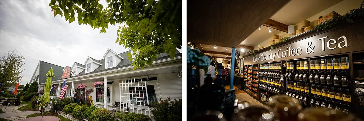The interior and exterior of Door County Coffee and Tea.