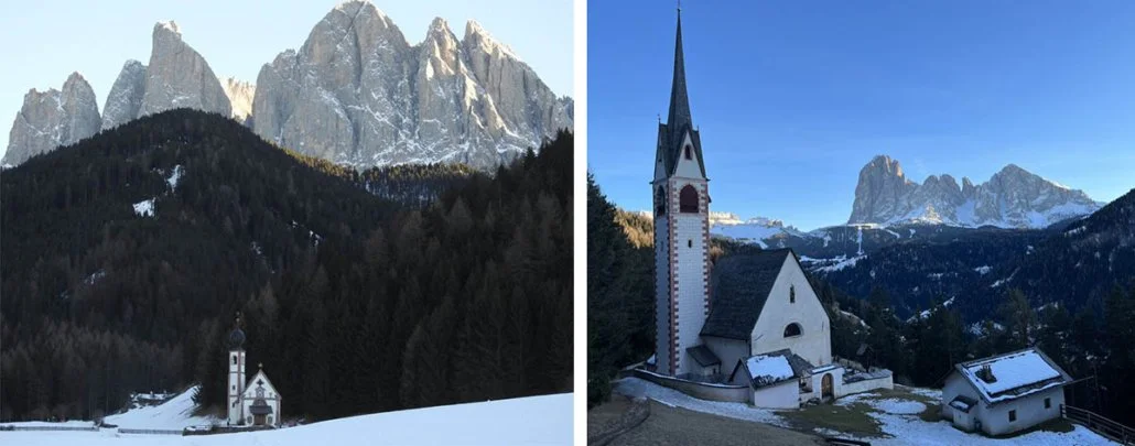 Churches in Bolzano Italy with the alps in the background during winter.
