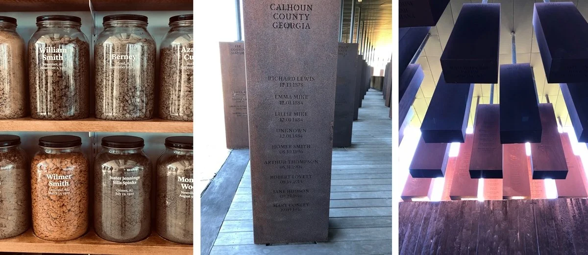 Jars filled with earth from the lynching sites bear the names of the victims of lynching.