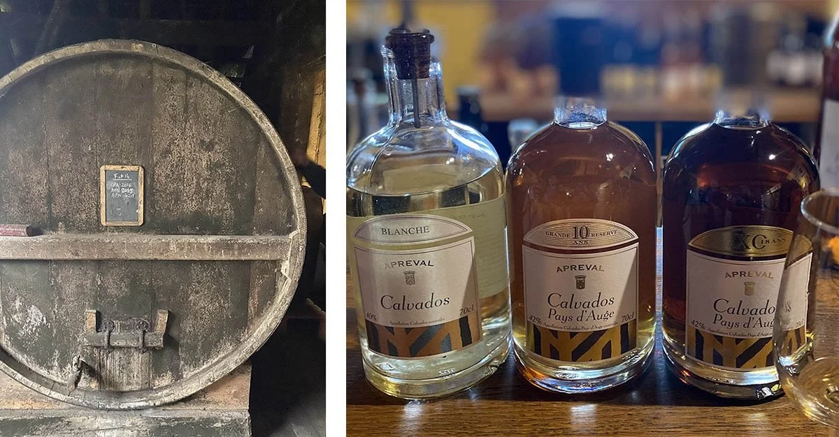 Hundred year old oak vats stored in the cellar of Manoir d'Apreval.