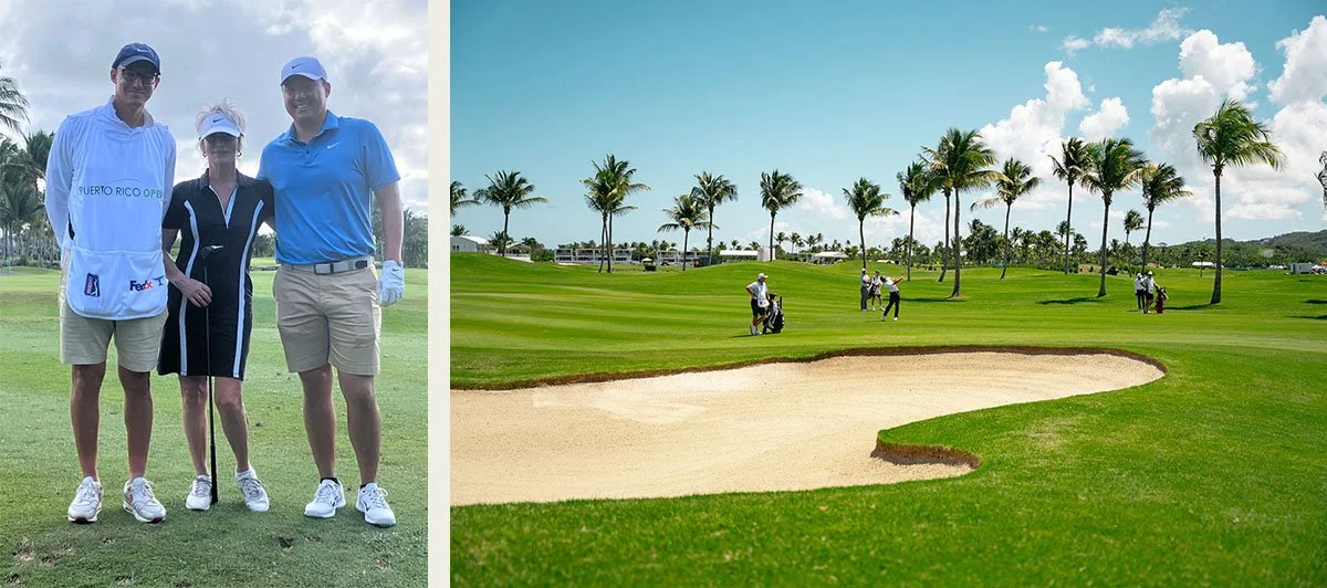 Writer and golf enthusiast Helene Levesque with PGA Golfer Norman Xiong at the 2025 Puerto Rico Open.