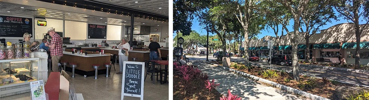 The Little Griddle and the street outside in New Smyrna Beach.
