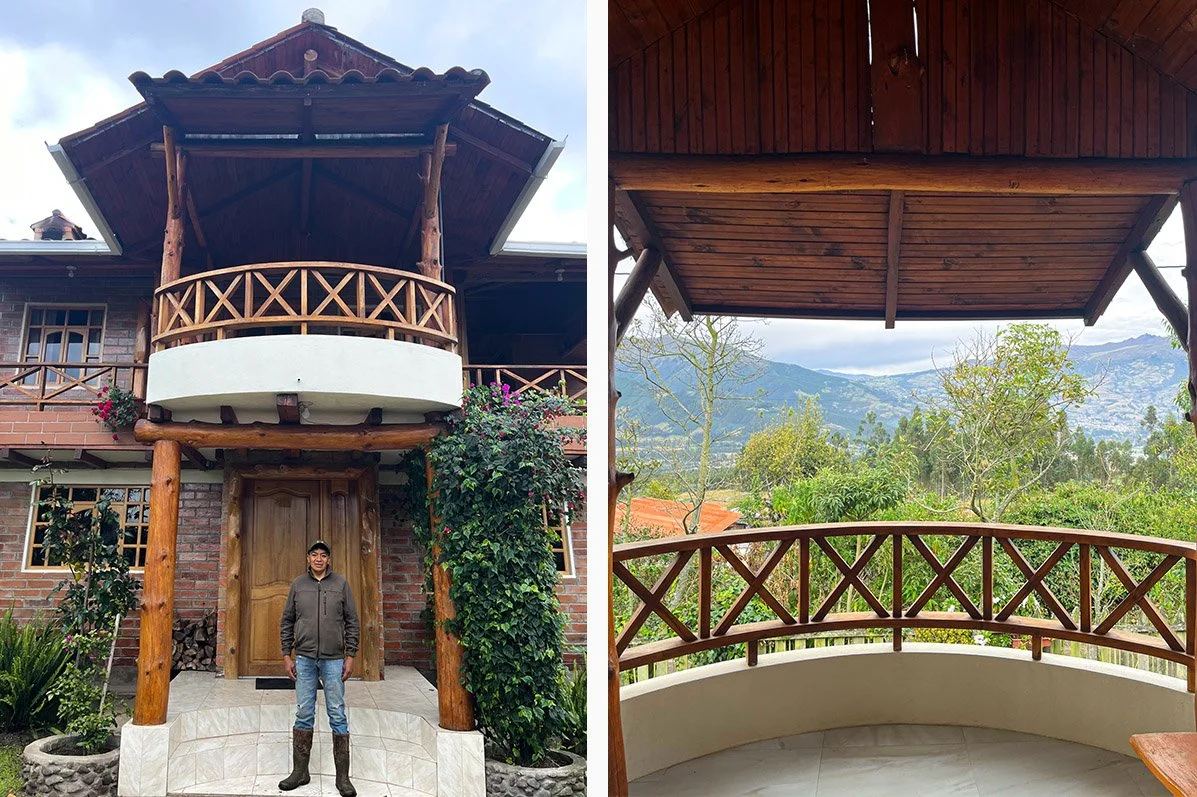 A man stands outside his lodge with an incredible view of the valley below.