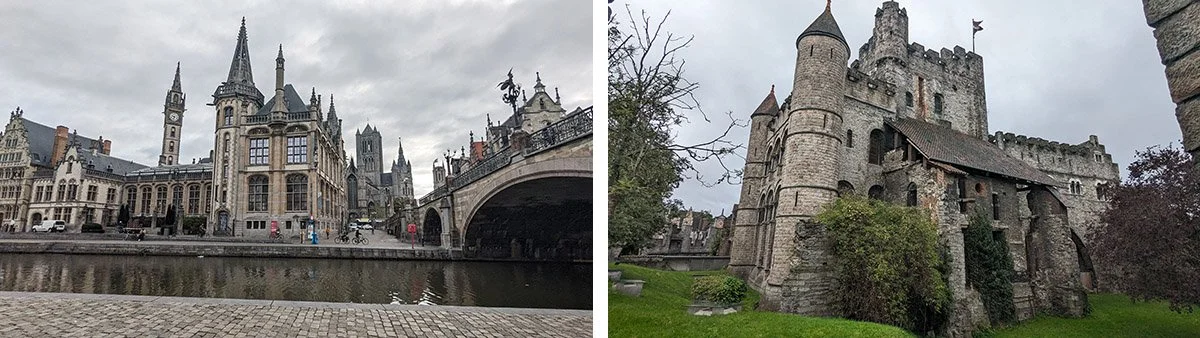 The medieval structures of Gravensteen stand tall against a grey sky.