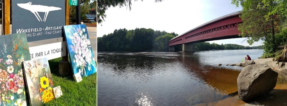 A shop along River Road in Wakefield and a red bridge over the Gatineau River.