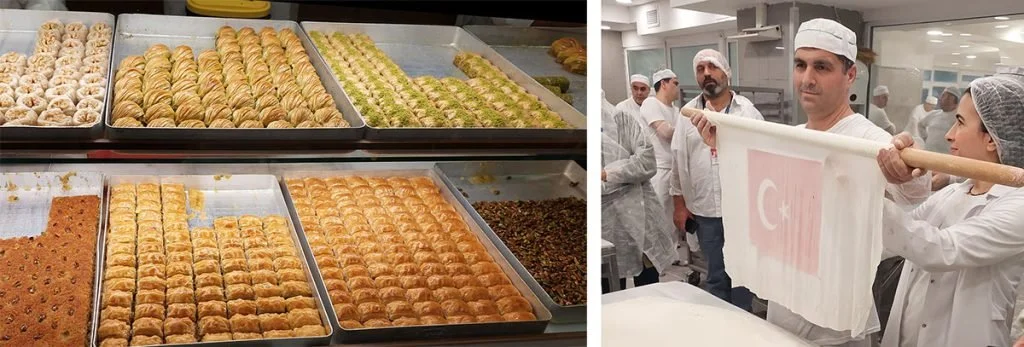 Baklava lines trays at a bakery in Turkiye.