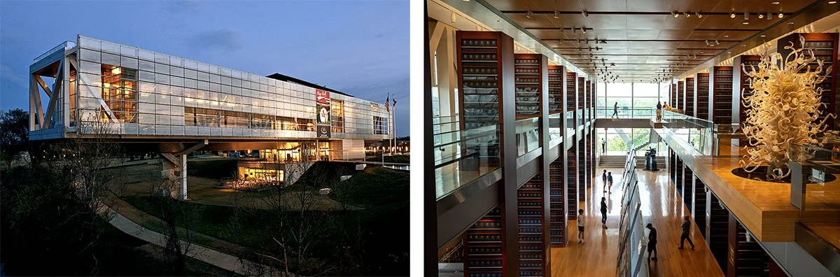 The inside and outside of the Clinton presidential Center in Arkansas.