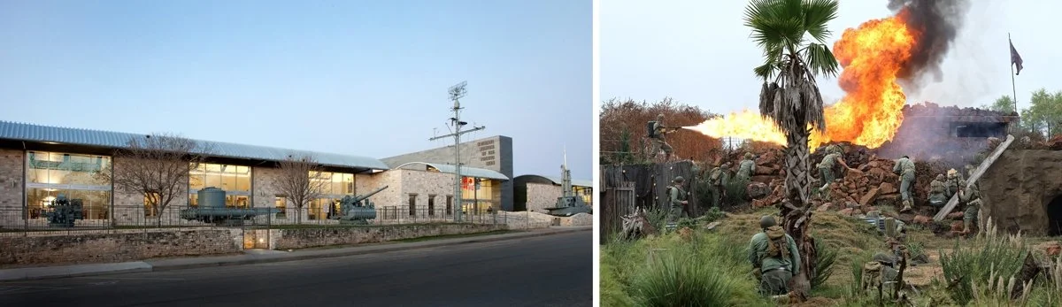 Flame rise up from the National Museum of the Pacific War during a battle reeanactment.