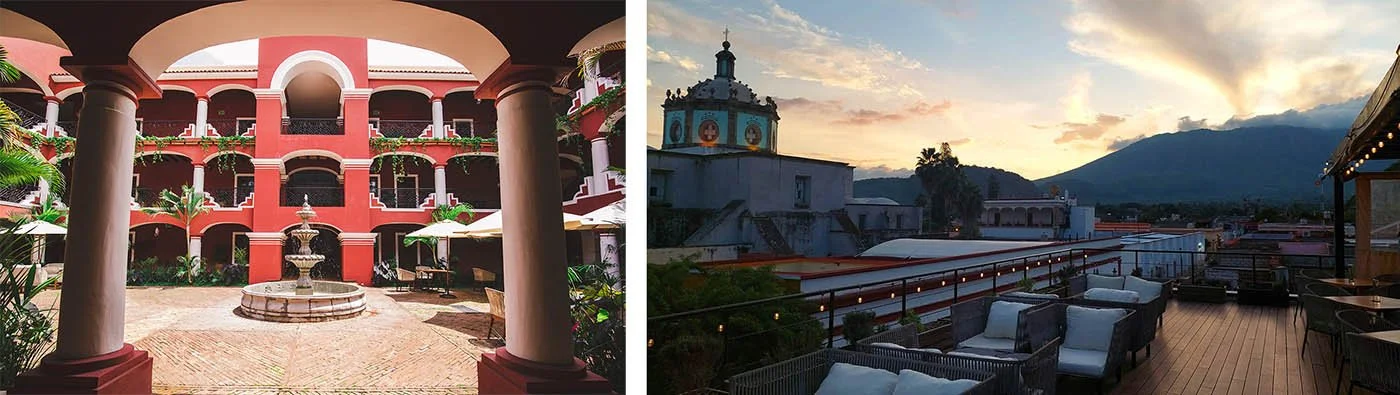 Bright red arches and a courtyard at the Nukari Quinta Boutique Hotel in Jala.