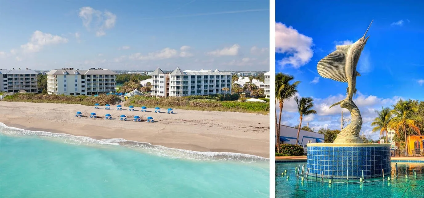 Light blue waves lap against the shore in front of The Marriott Hutchinson Island Beach Resort.
