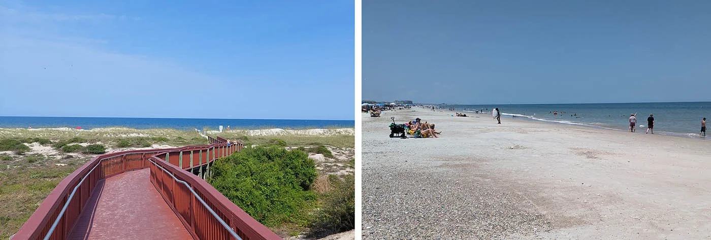 Boardwalks and pedestrians relax at the American Beach.