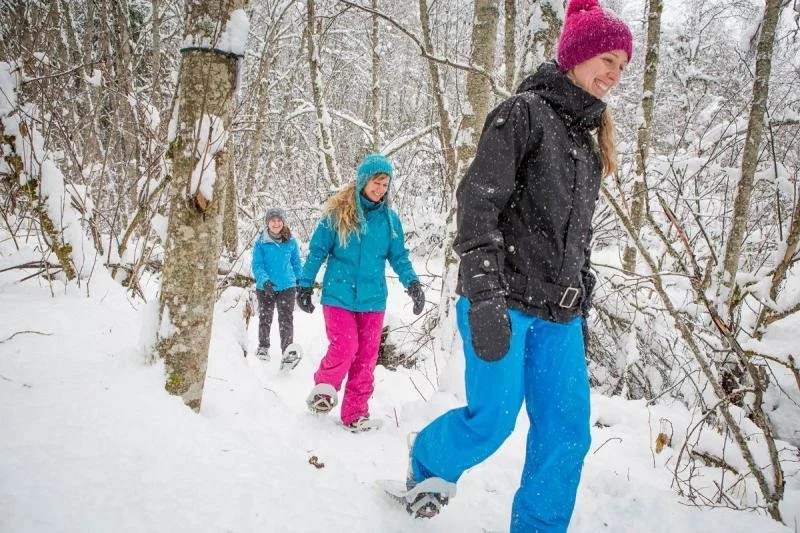 3 girls in bright coloured snowgear showshoe through a snowy forest.