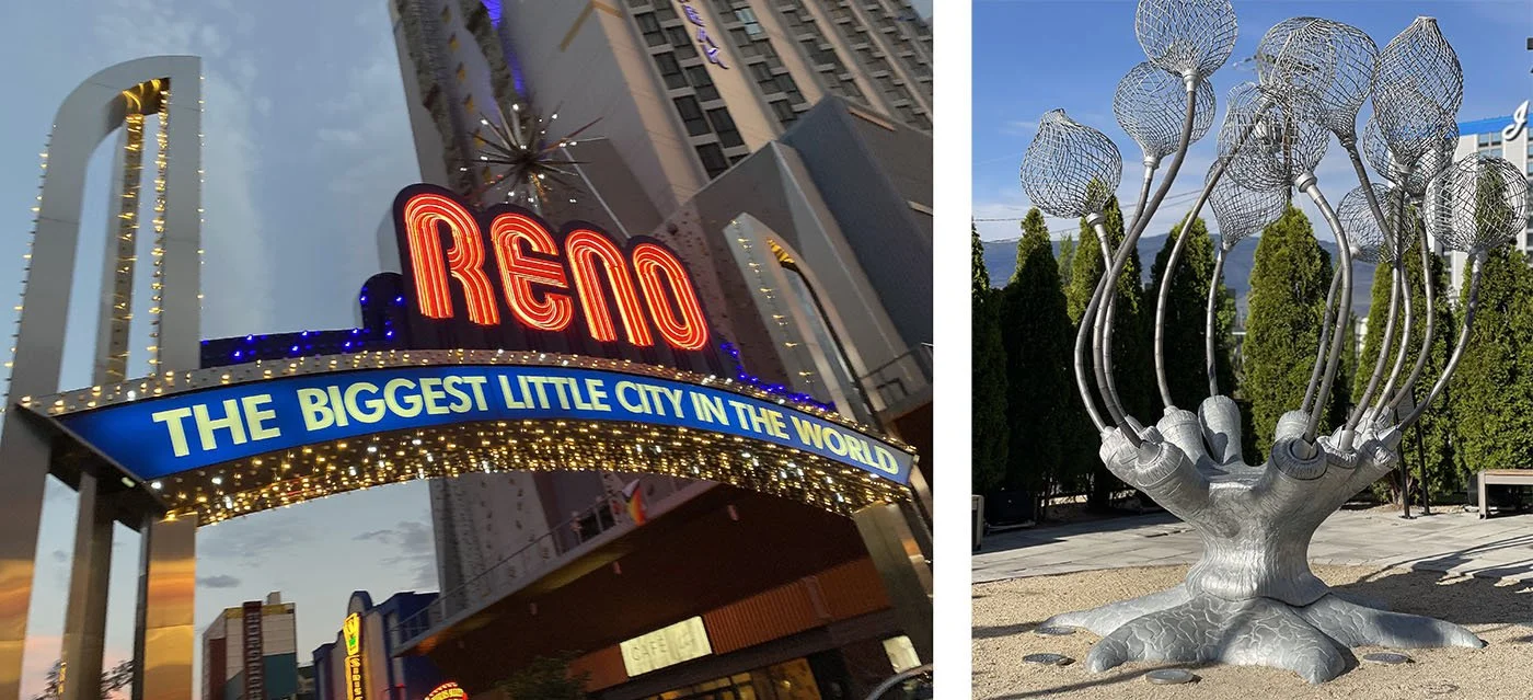 Reno’s neon signs light up the night sky and creative public art decorates downtown Reno. 