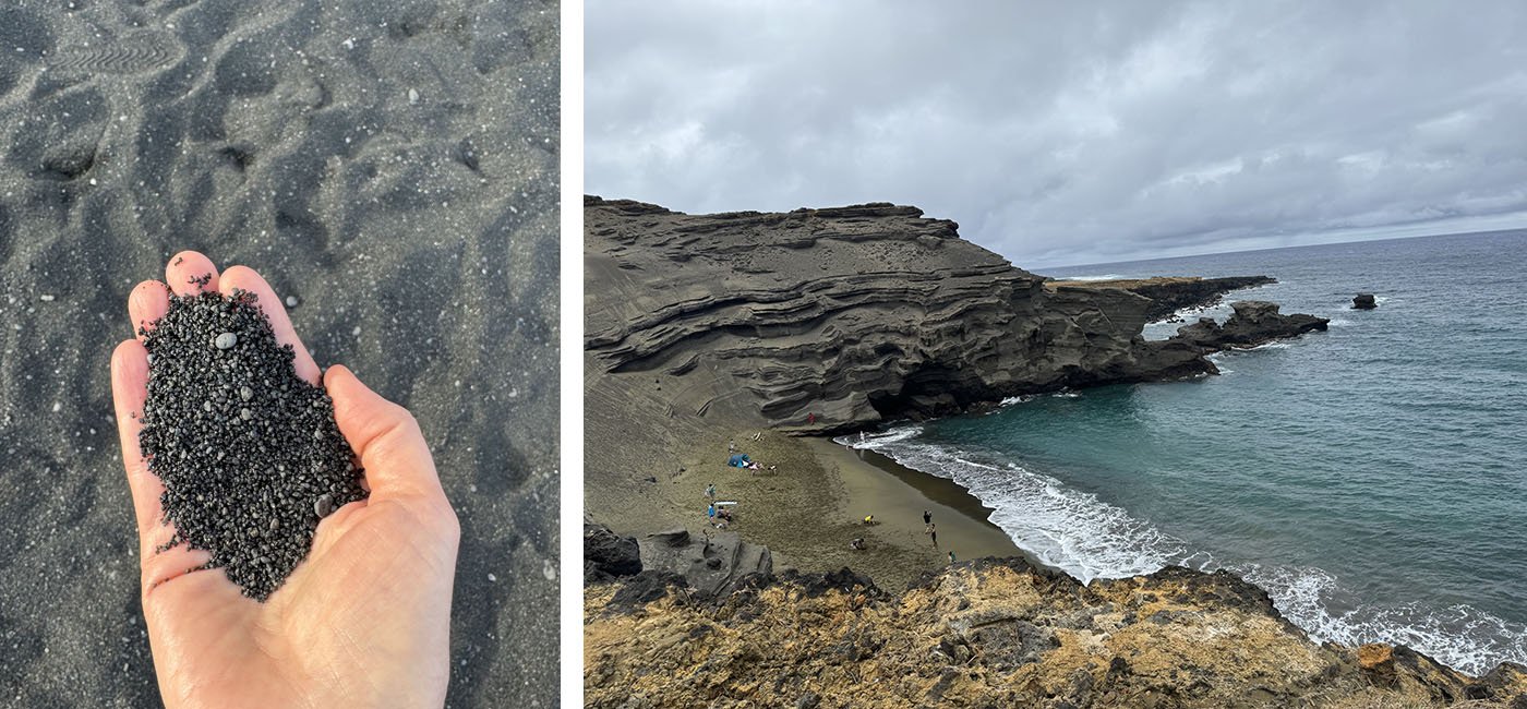 A person holding black sand in the palm of their hands at Panalu'u Papakolea Beach.